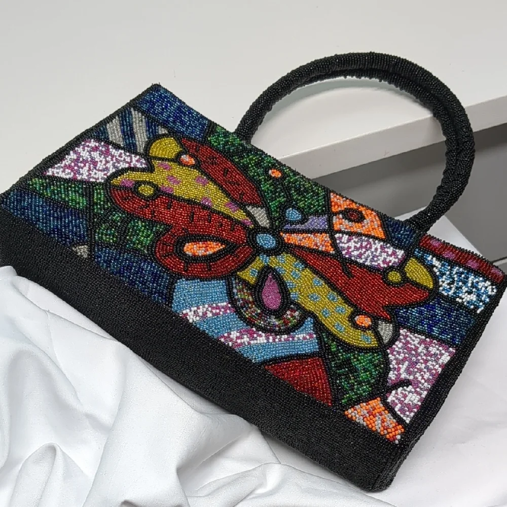 Rare Colorful Beaded Butterfly Statement Handbag Glam Art Purse Boho Luxe Chic